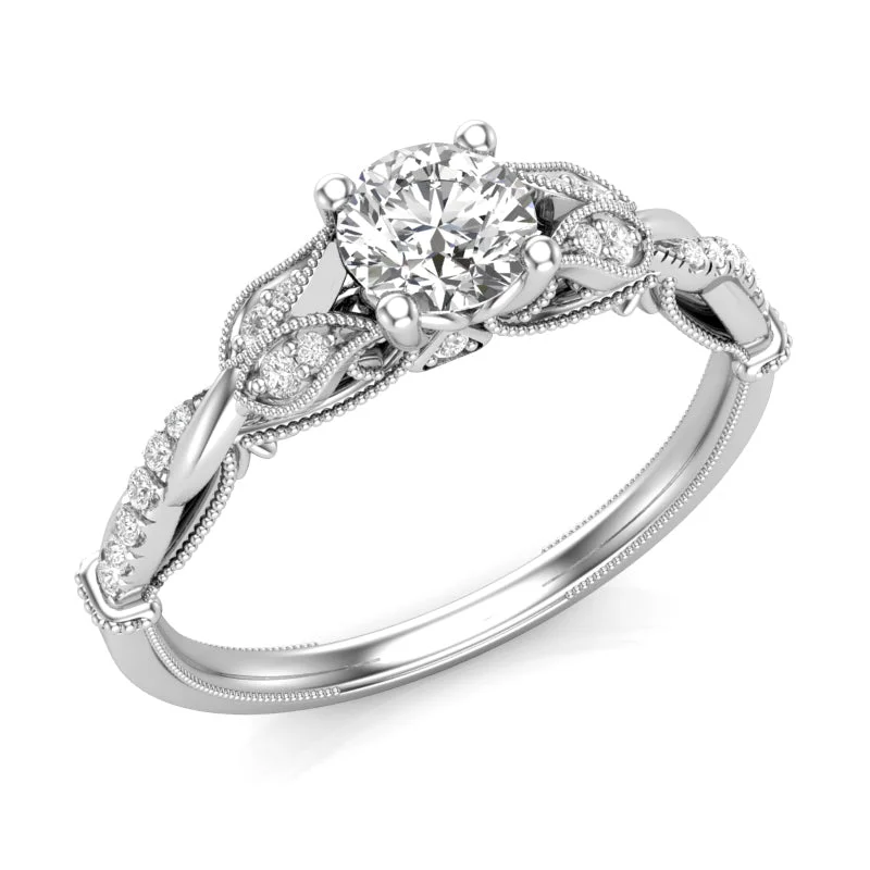 Women's engagement rings petal-setting-Petite Floral Diamond Engagement Ring 14 KT White Gold .75 Carat Total Weight With 2/3 ct Diamond Center