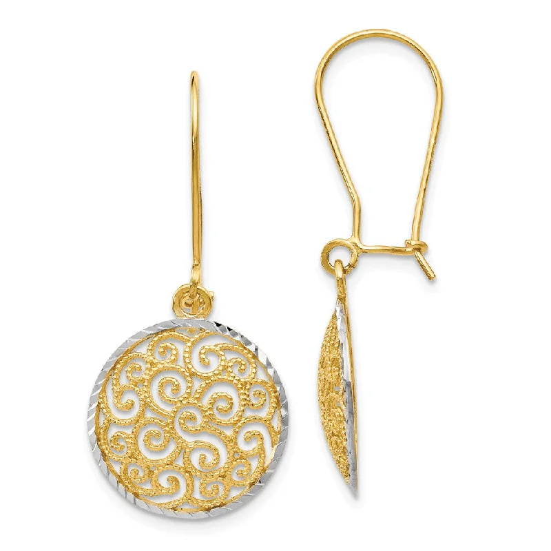 Women's earrings hand-glossed-15mm Filigree Circle Dangle Earrings in 14k Yellow Gold & Rhodium