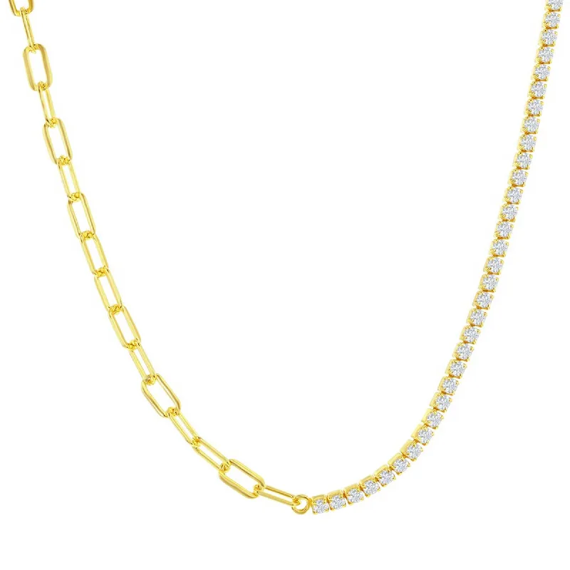 Women's necklaces twisted-vine-Classic Women's Necklace - Gold Plated Half 3mm Paperclip and 2mm Tennis | M-7117-GP