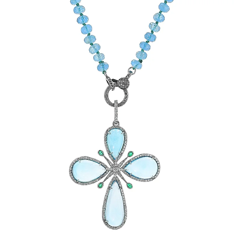 Women's necklaces fine-gleam-Aquamarine Emerald & Diamond Star Cross Pendant Necklace - 32"  N0003508