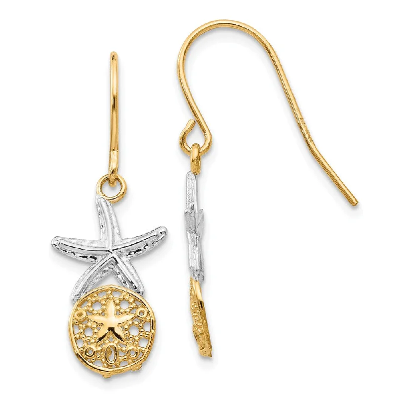 Women's earrings opal-glow-Two Tone Sand Dollar & Starfish Dangle Earrings in 14k Gold