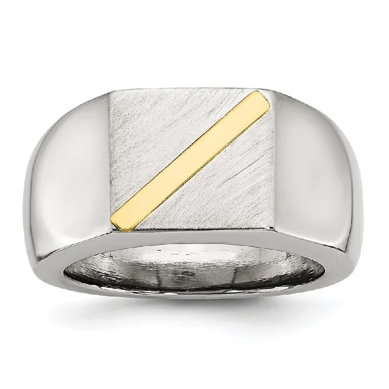 Women's rings graceful-curve-Men's Stainless Steel & 14K Gold Accent Stripe Signet Tapered Ring