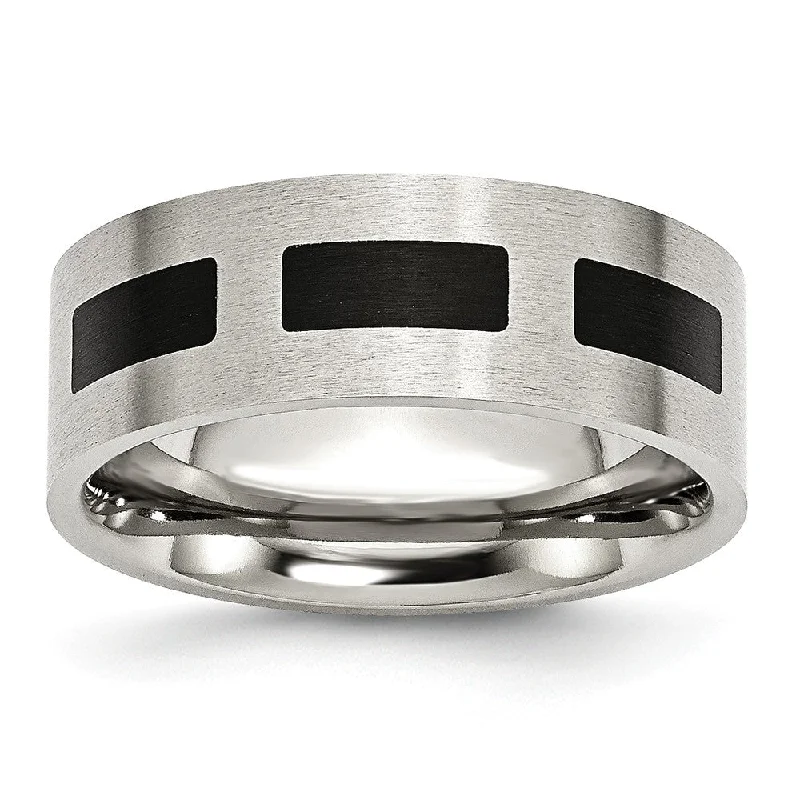 Women's rings velvety-silver-Stainless Steel & Black Rubber, 8mm Satin Standard Fit Band