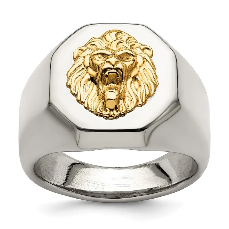 Women's rings sculpted-chic-Men's 18mm Stainless Steel & 14K Gold Accent Lion Head Tapered Ring