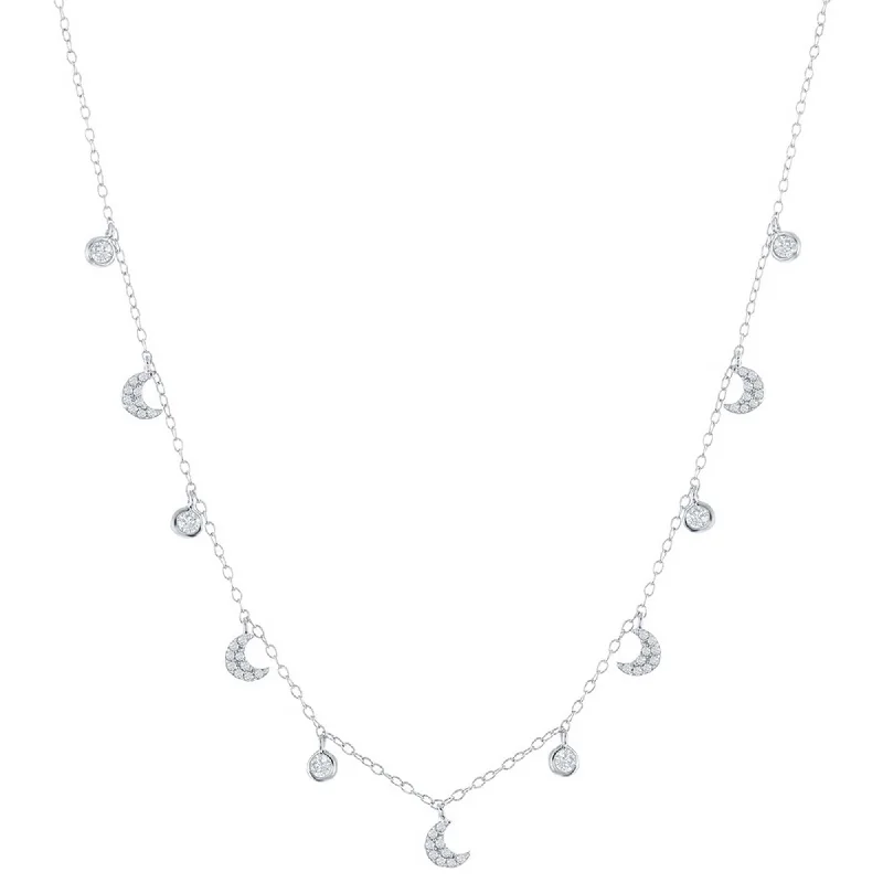 Women's necklaces glowing-charm-Classic Women's Necklace - Sterling Silver Station Round & Crescent Moon CZ | M-6809