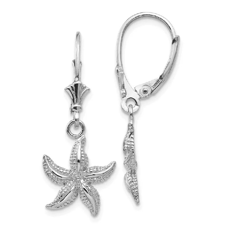 Women's earrings peachy-hue-12mm Textured Starfish Lever Back Earrings in 14k White Gold