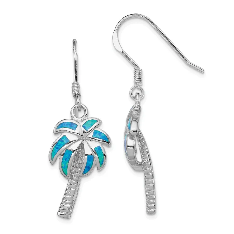 Women's earrings futuristic-stud-Created Blue Opal Inlay Palm Tree Dangle Earrings in Sterling Silver