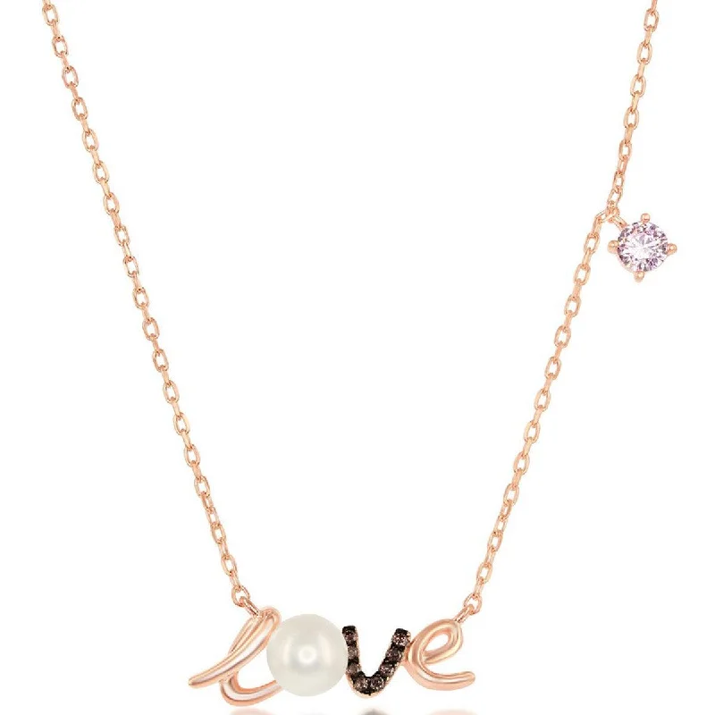 Women's necklaces snug-curve-Classic Women's Necklace - Sterling Silver Rose Gold FWP and Pink CZ LOVE | M-6609