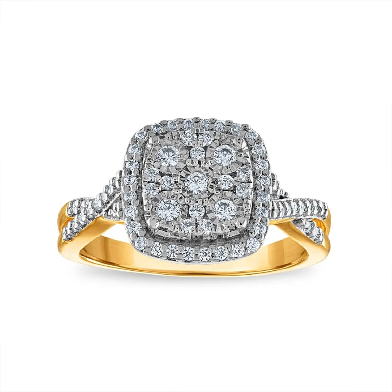 Women's engagement rings playful-edge-1/2 CTW Diamond Engagement Cluster Halo Cushion Shape Ring in 10KT Yellow Gold