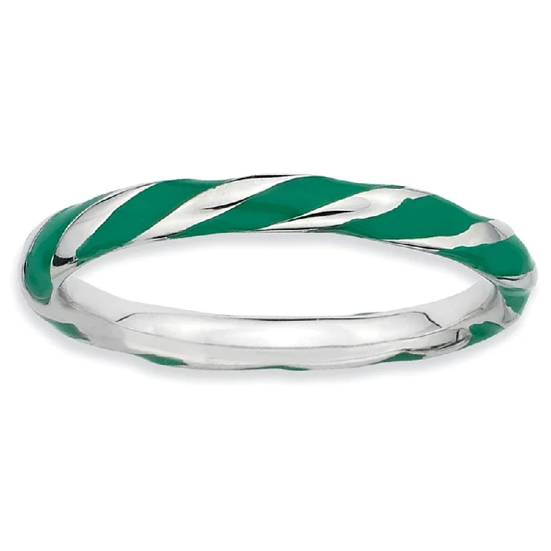 Women's rings satin-gold-2.4mm Silver Twisted Green Enameled Stackable Band