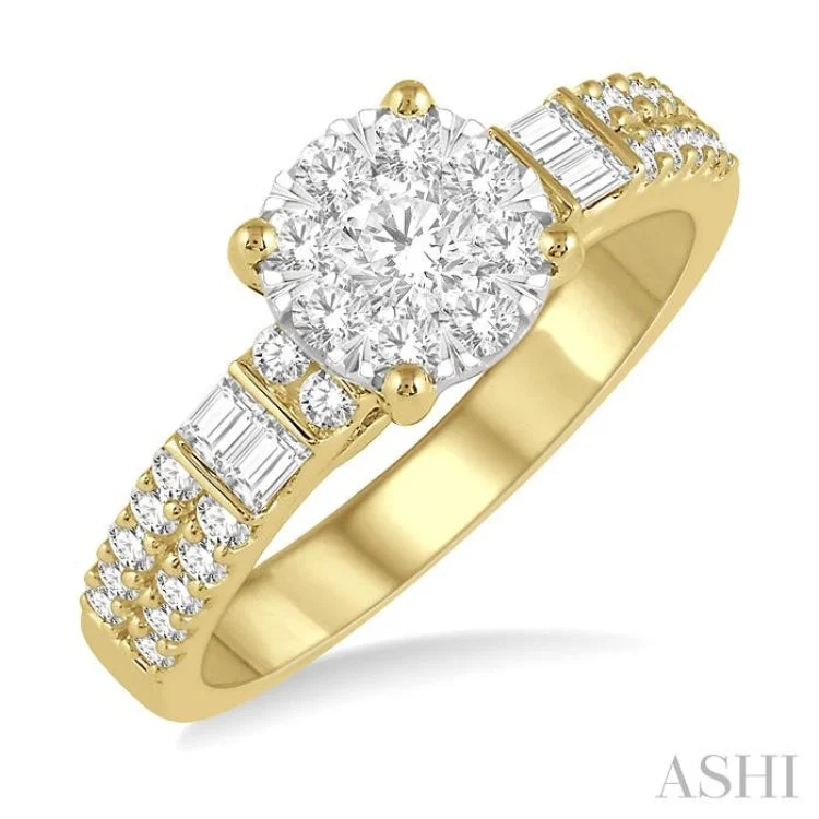 Women's engagement rings radiant-charm-7/8 Ctw Round and Baguette Diamond Lovebright Engagement Ring in 14K Yellow and White gold