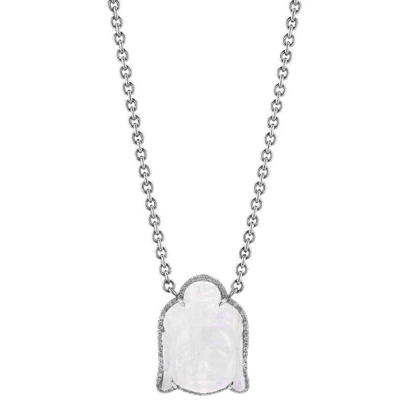 Women's necklaces floral-platinum-Carved Rainbow Moonstone Buddha Necklace N0002695