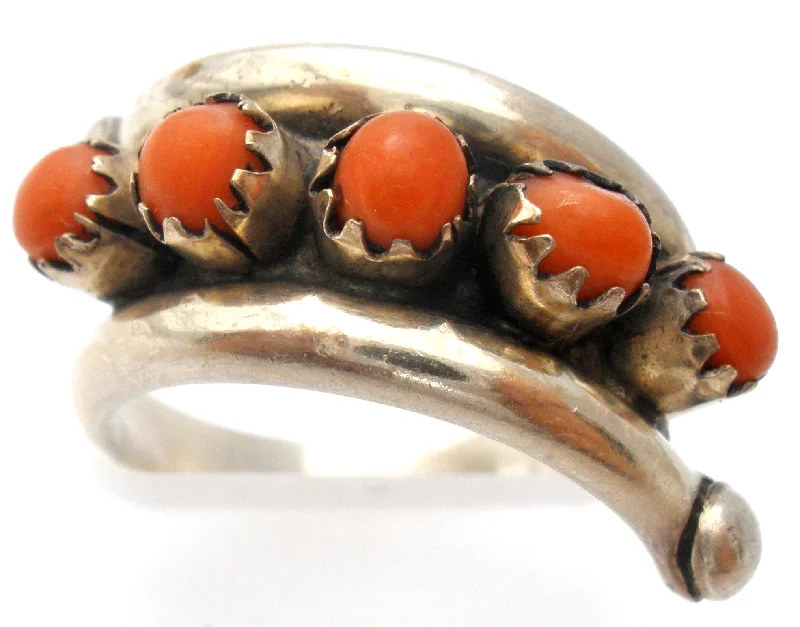 Women's rings faint-titanium-Red Coral Petit Point Ring Sterling Silver Vintage