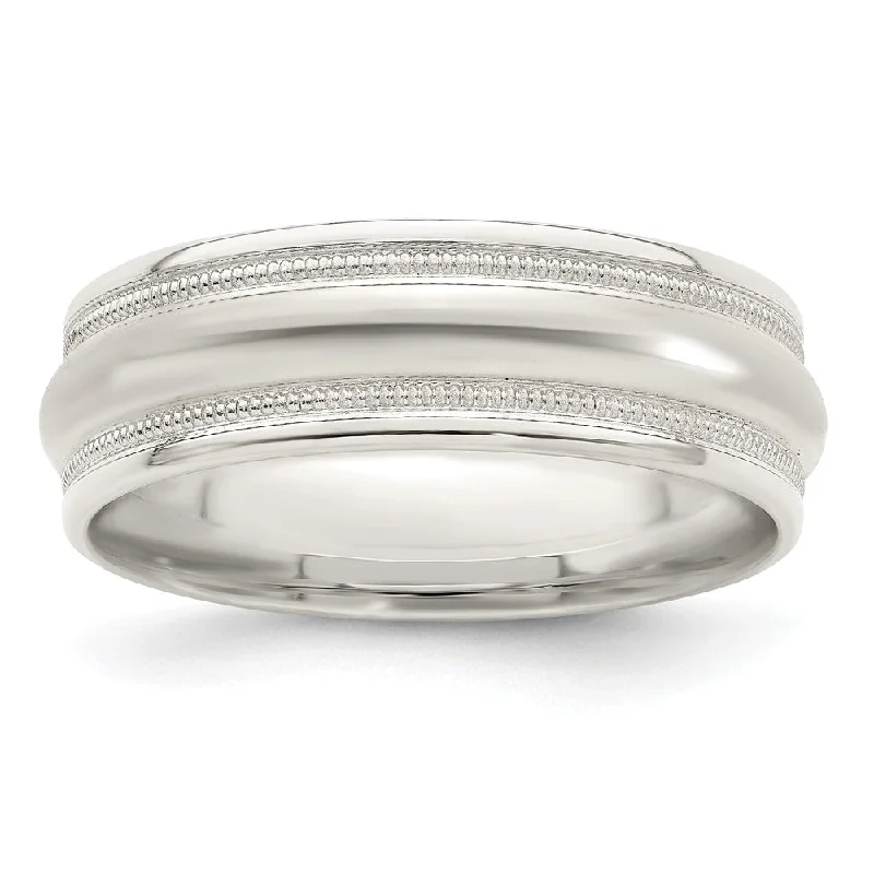 Women's rings floral-steel-Men's 7mm Sterling Silver Milgrain Grooved Edge Standard Fit Band