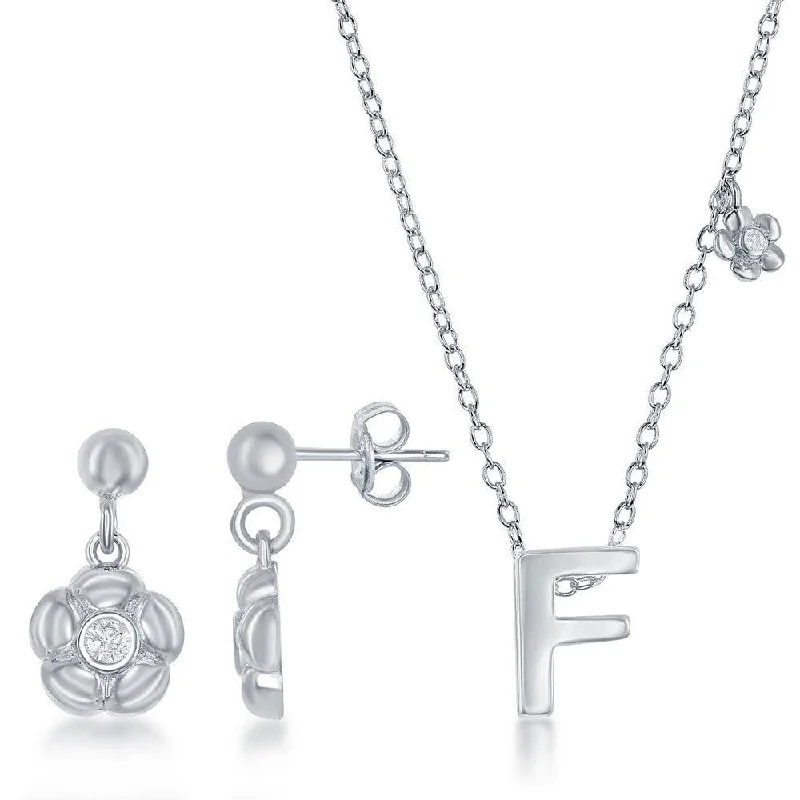 Women's necklaces hand-glossed-Sterling Silver Shiny "F" Necklace and Earrings Set