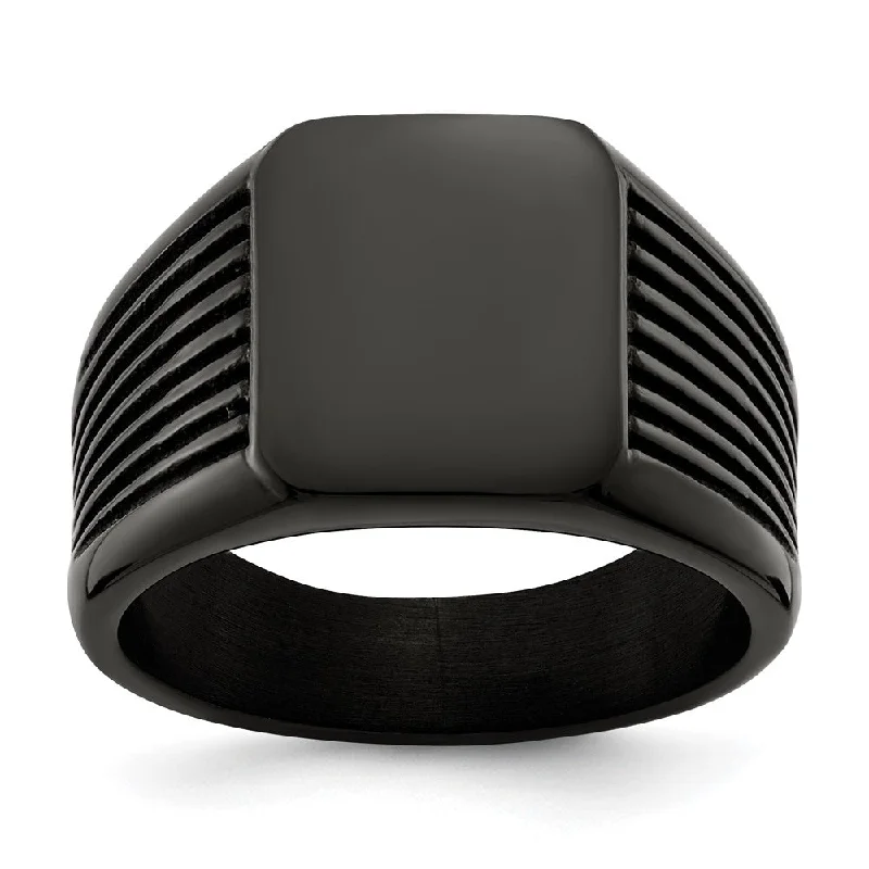 Women's rings luxe-peach-Men's 13mm Black Plated Stainless Steel Grooved Tapered Signet Ring