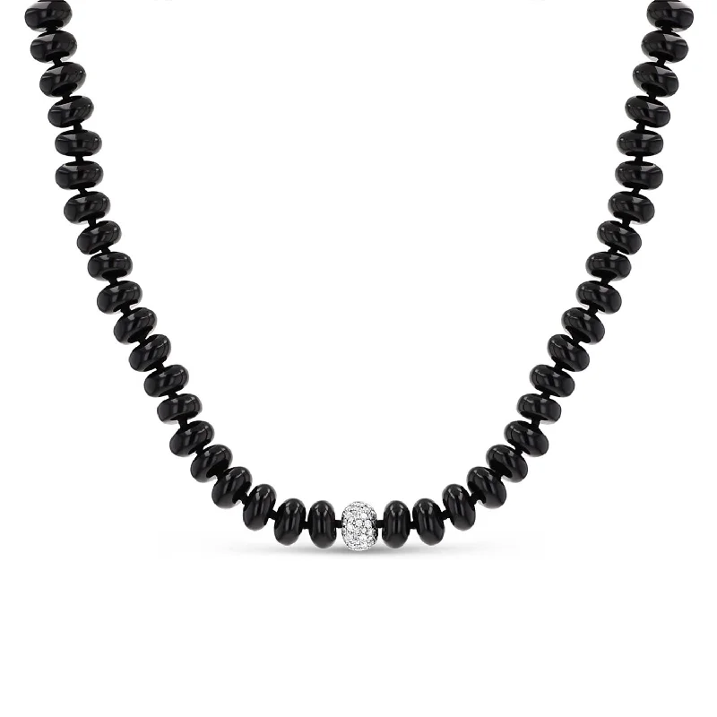 Women's necklaces fine-etching-Onyx Knotted Necklace with Pave Diamond Donut - 16-18"  N0003115