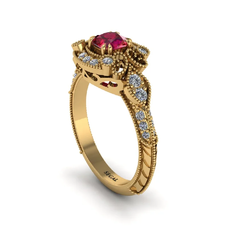 Women's engagement rings icy-white-gold-Ruby Vintage Filigree Cushion Cut Engagement Ring - Elaina No. 10