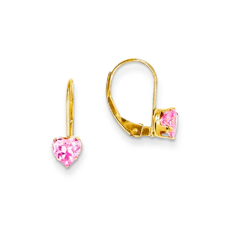 Women's earrings fine-velvet-Kids 14k Yellow Gold & Pink CZ 5mm Heart Shaped Lever Back Earrings