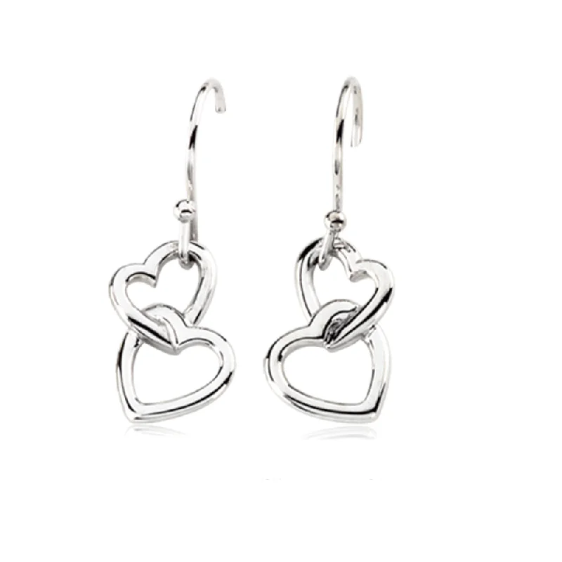 Women's earrings hand-twisted-Two Heart Earrings, 14k White Gold