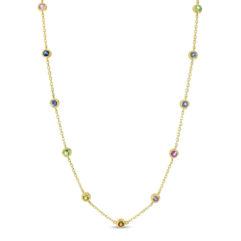 Women's necklaces luminous-moonstone-14K Yellow Gold Bezel Set Rainbow Sapphires Necklace P4548-18