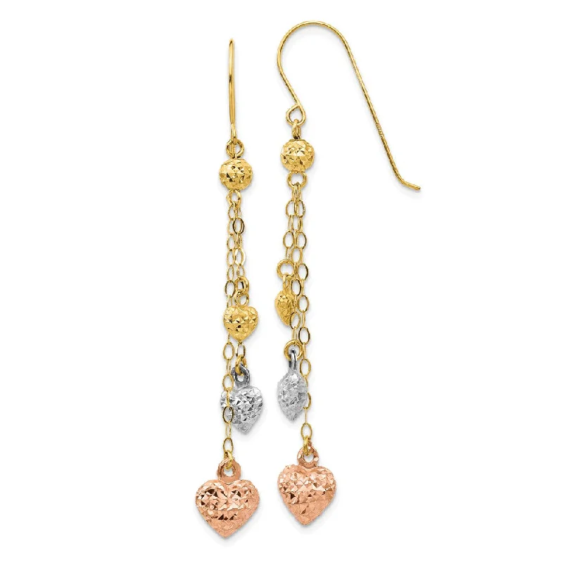 Women's earrings fine-gleam-14k Tri Color Gold, Triple Puffed Heart and Chain Dangle Earrings