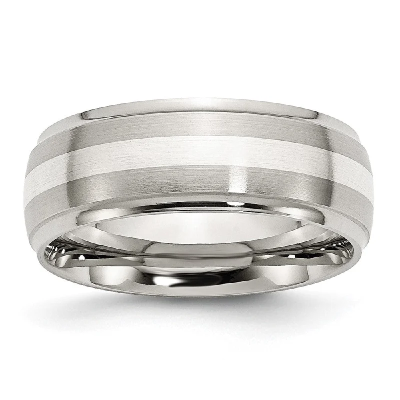 Women's rings celestial-Mens 8mm Stainless Steel Sterling Silver Inlay Brushed Ridge Edge Band