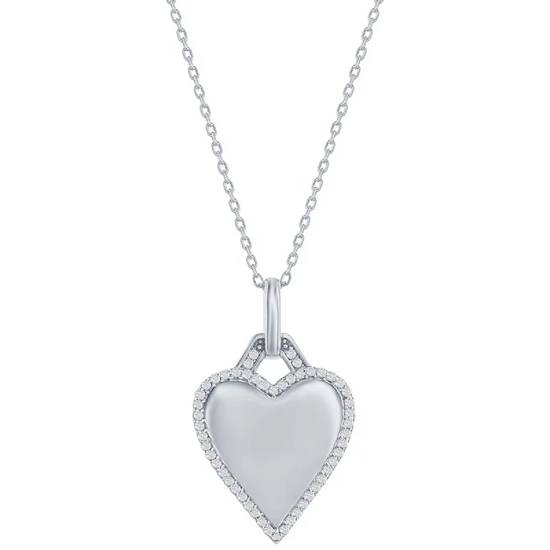 Women's necklaces sturdy-steel-Classic Women's Necklace - Sterling Silver Polished Heart White CZ Border | M-7043