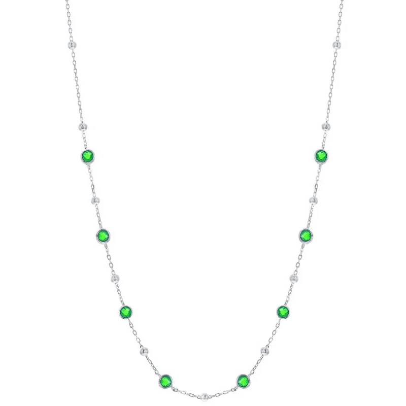 Women's necklaces open-link-Classic Women's Necklace - Silver Bezel Set Emerald CZ and Bead Station | M-7074-16