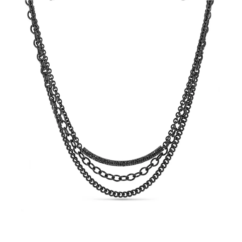 Women's necklaces fine-etching-Black Diamond Smile Bar Triple Chain Necklace NBLK0044