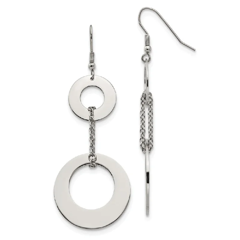 Women's earrings ornate-bar-Polished Double Circle Chain Dangle Earrings in Stainless Steel