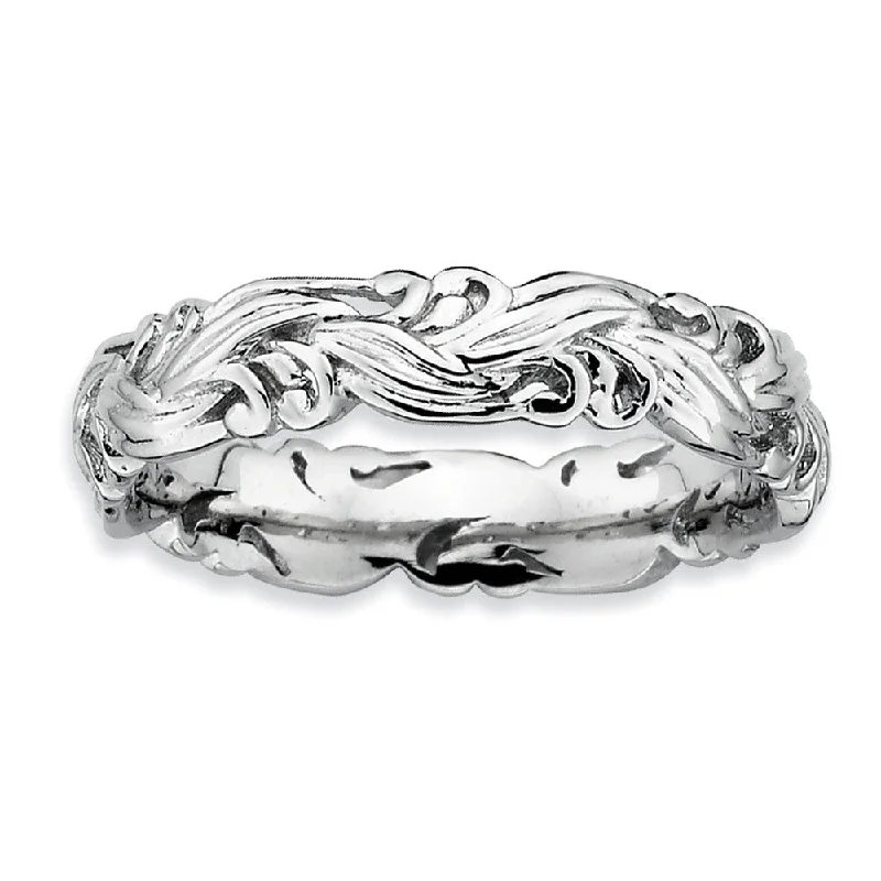 Women's rings radiant-edge-Rhodium Plated Sterling Silver Stackable Ornate Floral 4.5mm Band