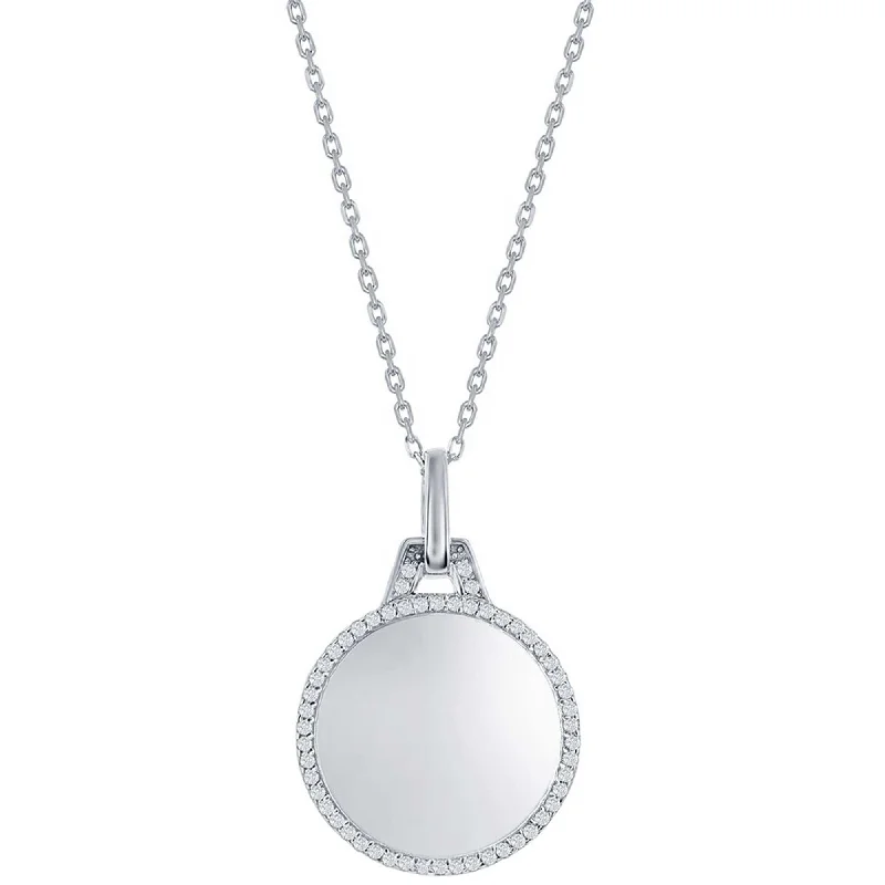 Women's necklaces tri-layer-Classic Women's Necklace - Sterling Silver Polished Circle with CZ Border | M-7038