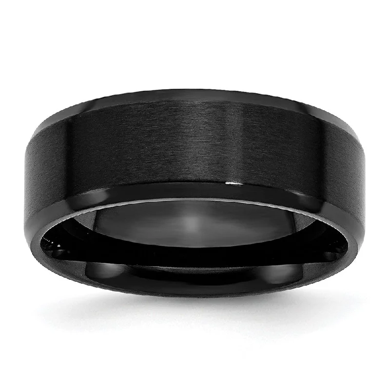 Women's rings crafted-charm-Men's 8mm Black Plated Stainless Steel Brushed & Beveled Edge Band