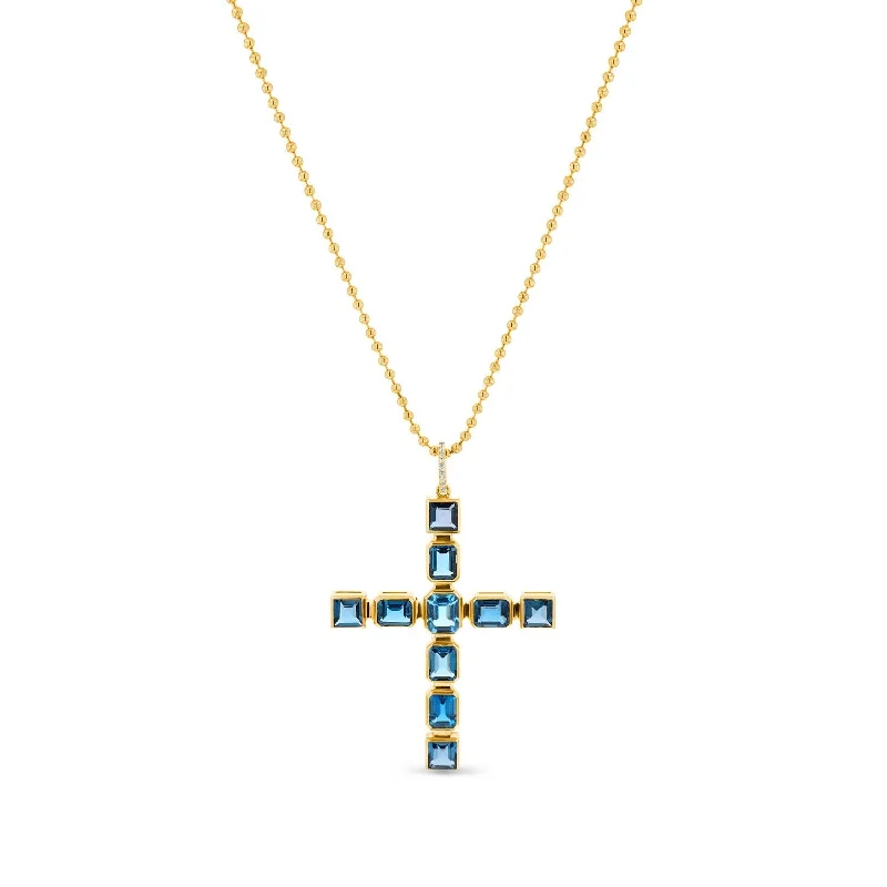 Women's necklaces modern-vine-14k Gold and Blue Topaz Statement Cross Pendant Necklace SNG00164