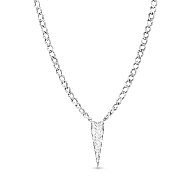 Women's necklaces sturdy-steel-Elongated Pave Heart Connector on Curb Chain Necklace - 18"  N0003144