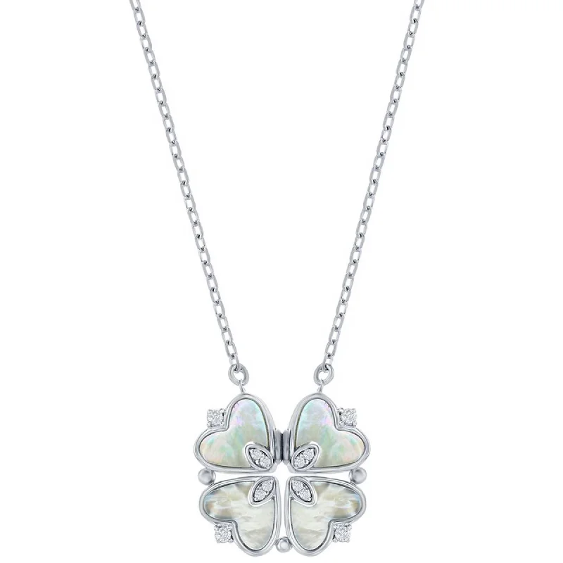 Women's necklaces wispy-elegance-Classic Women's Necklace - Sterling Silver MOP and CZ Heart Shaped Flower | M-7095