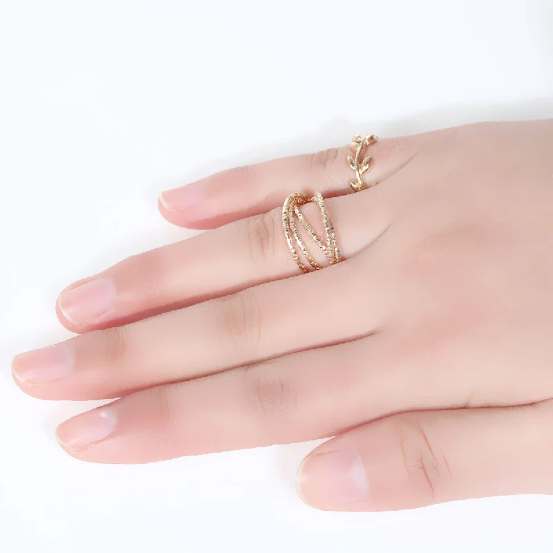 Women's rings sculpted-curve-Sexy Sparkles 1set (2pc) Open Band Knuckle Midi Rings Leaf Pattern Midi Ring Set