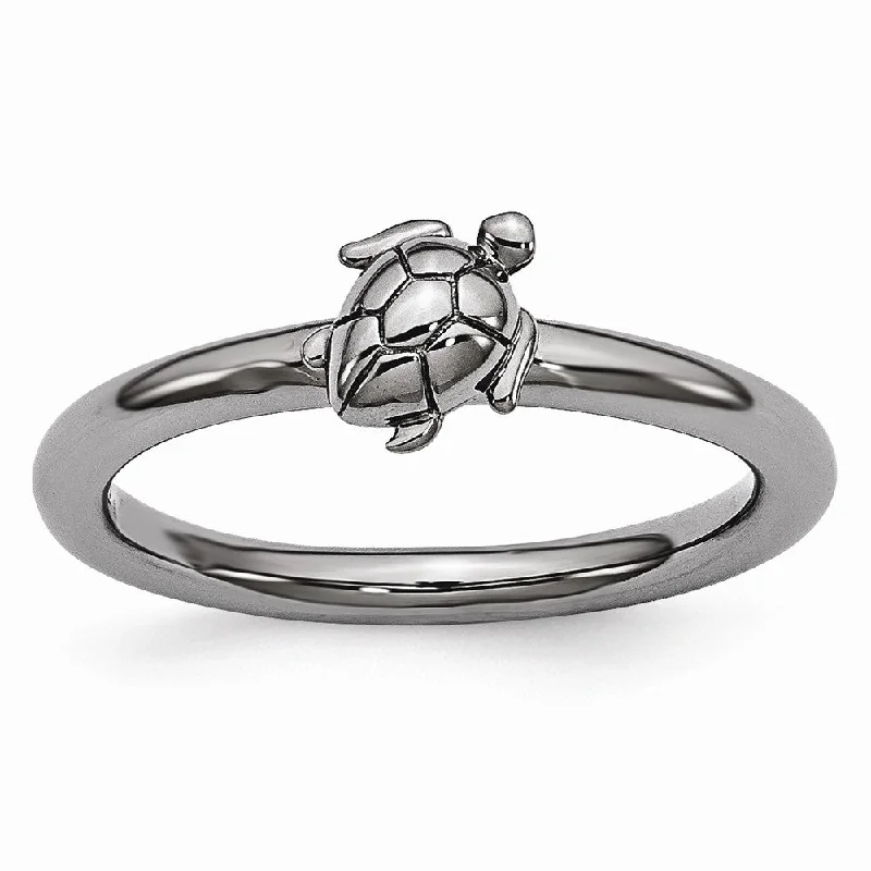 Women's rings iridescent-opal-Black Plated Sterling Silver Stackable 8mm Sea Turtle Ring