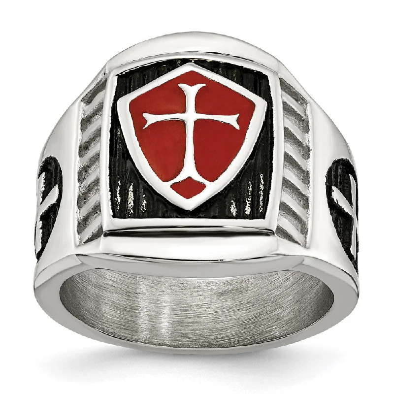 Women's rings peachy-blush-Men's 19mm Stainless Steel Red Enamel Cross Shield Tapered Ring