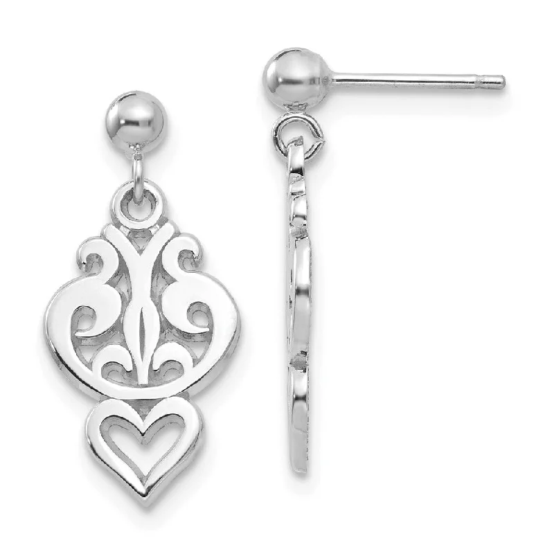 Women's earrings ornate-glow-Small Filigree Heart Dangle Post Earrings in 14k White Gold