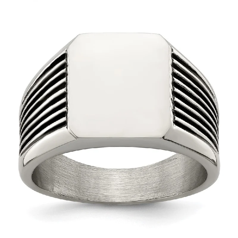 Women's rings eternal-luxe-Men's 13mm Stainless Steel & Black Enamel Grooved Tapered Signet Ring