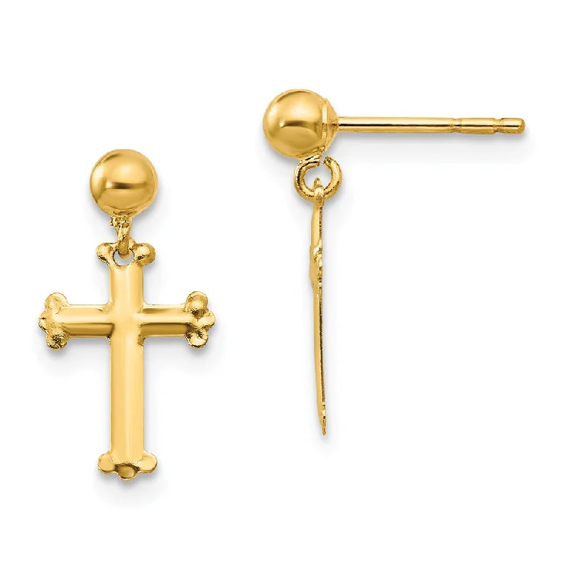 Women's earrings artisan-etched-Children's 14k Yellow Gold 14mm Budded Cross Dangle Post Earrings