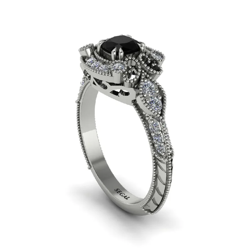 Women's engagement rings velvety-band-Black Diamond Vintage Filigree Cushion Cut Engagement Ring - Elaina No. 9