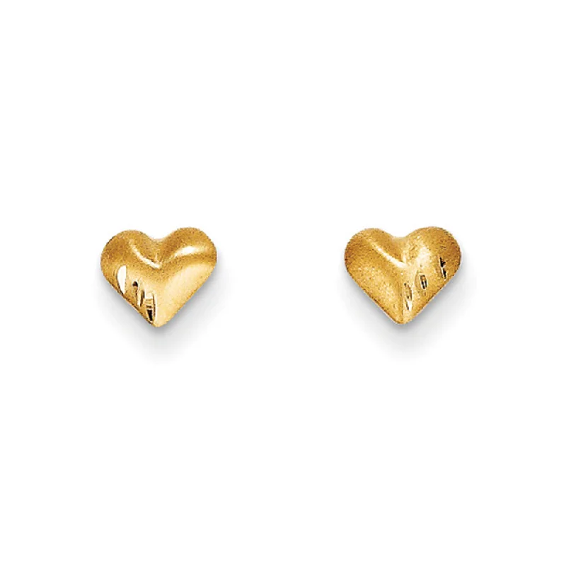 Women's earrings soft-spark-Kids 14k Yellow Gold Small Satin and Diamond-Cut Puffed Heart Earrings